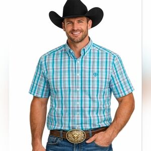Ariat Men's Pro Shirt Blue White Plaid Medium Cowboy Button Down Short Sleeve
